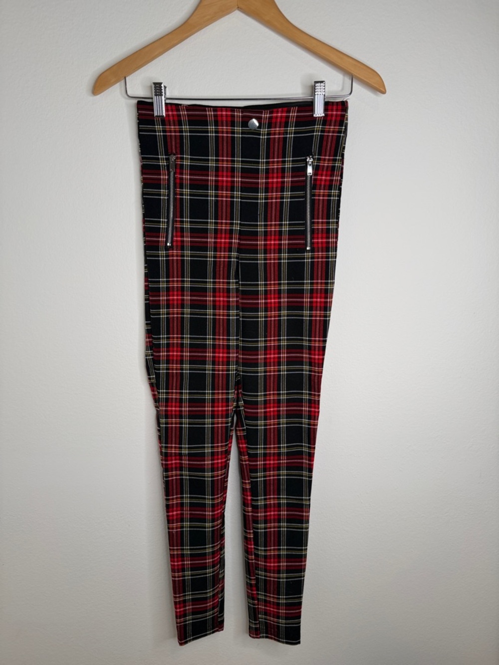 Zara Red Plaid Leggings With Zipper Details Small